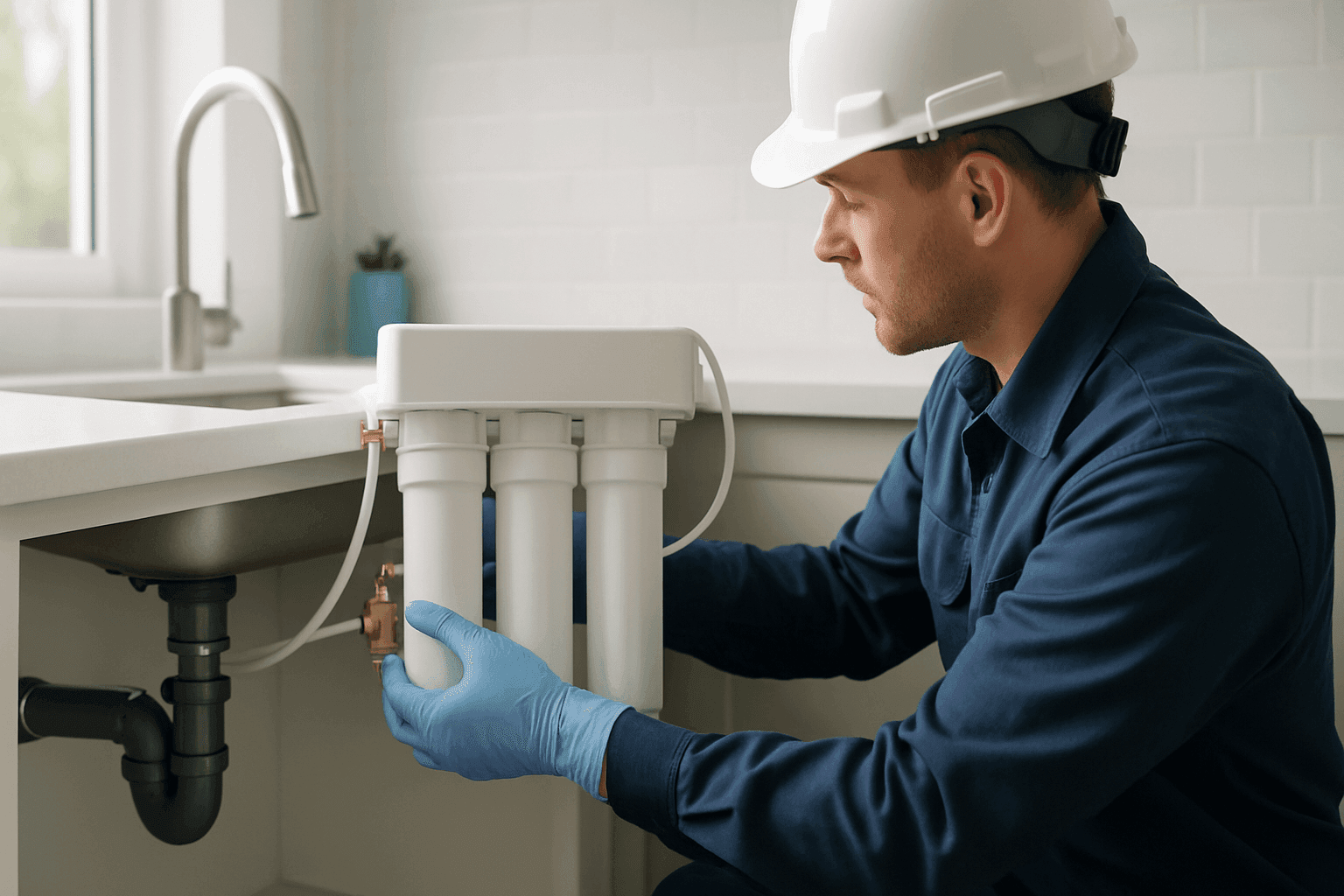 Plumber installing under-sink water filtration system in kitchen