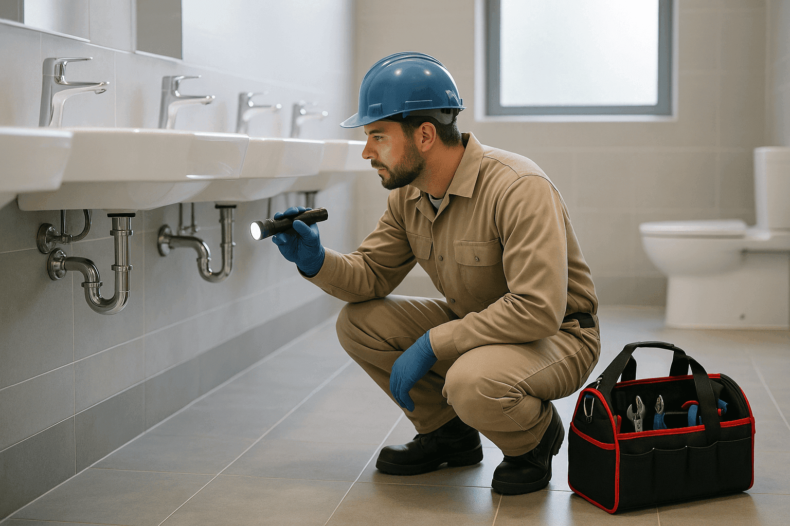Maintenance technician performing plumbing check in commercial restroom