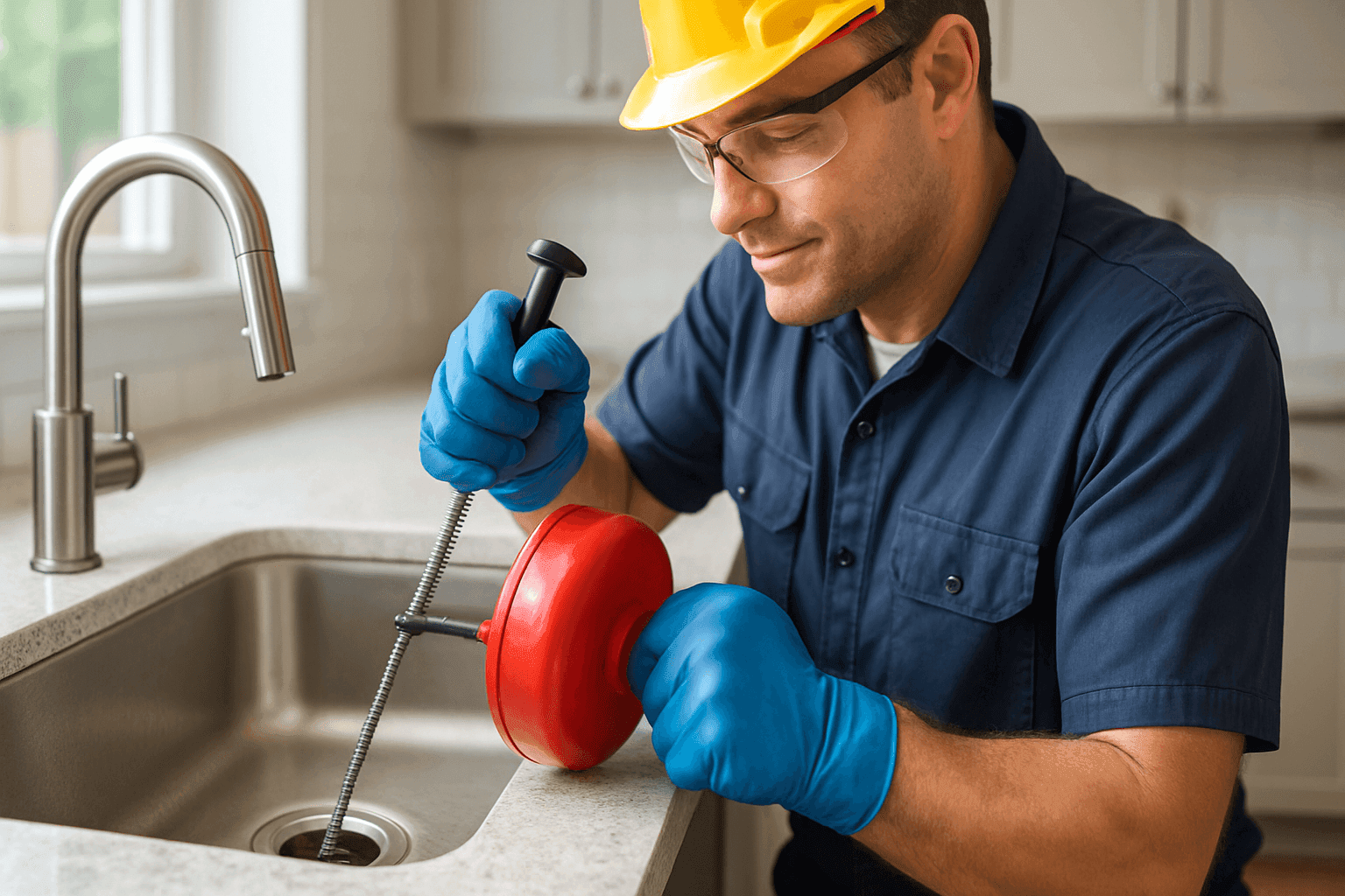 Plumber using manual drain snake on kitchen sink drain