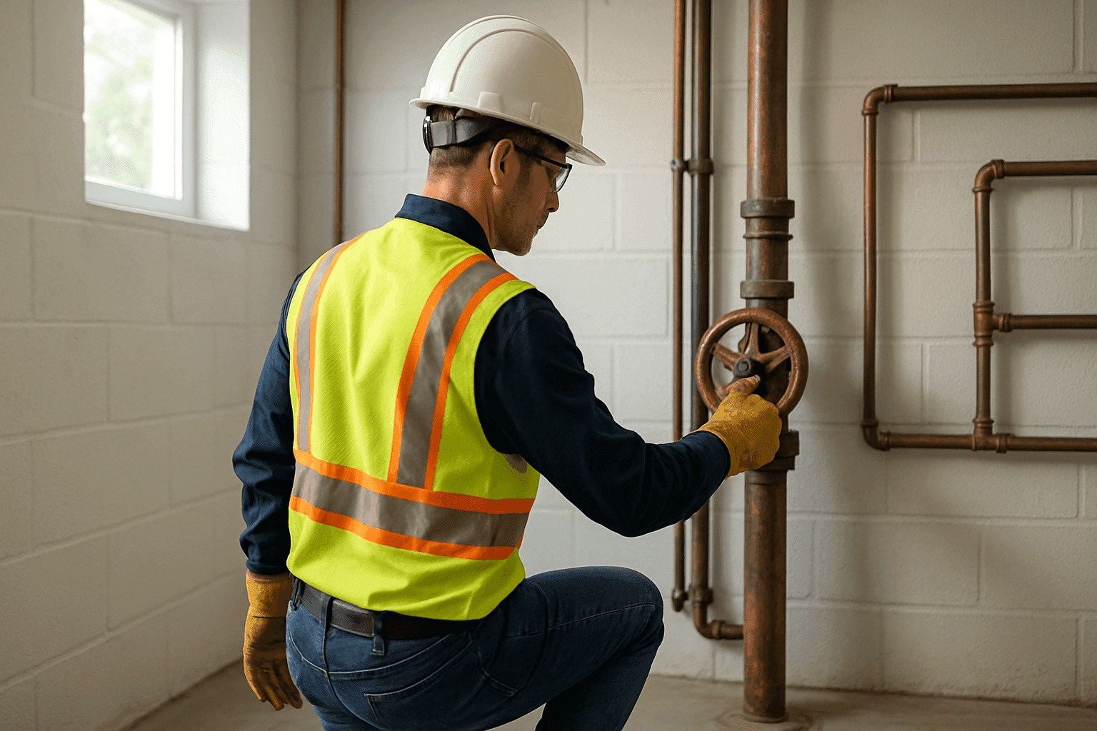 Plumber turning off main water valve in basement during emergency