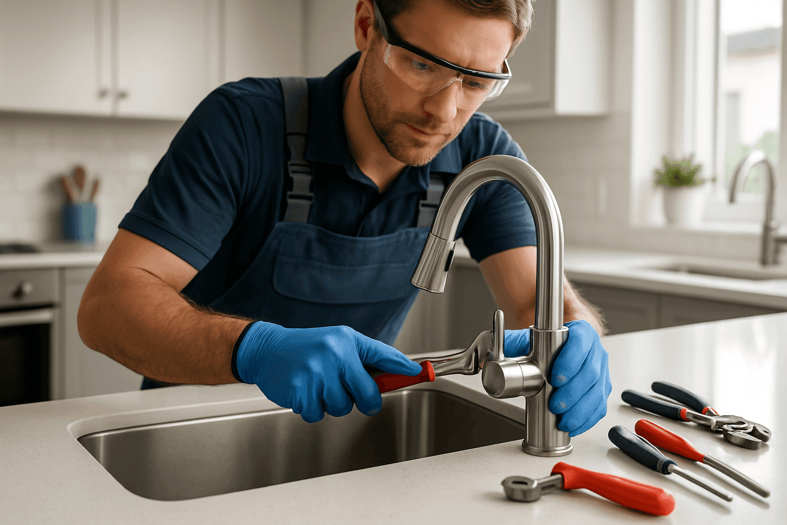 Plumber attaching new faucet to kitchen sink with tools