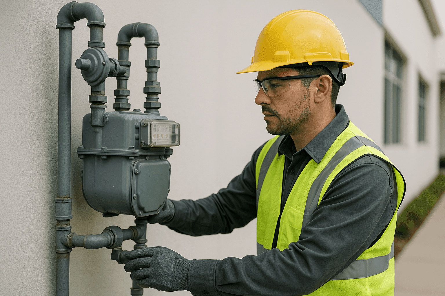 Technician inspecting gas meter and lines outside building