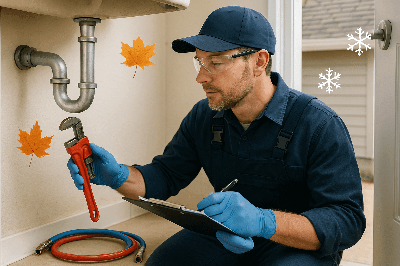 Professional plumber performing seasonal plumbing maintenance inspection