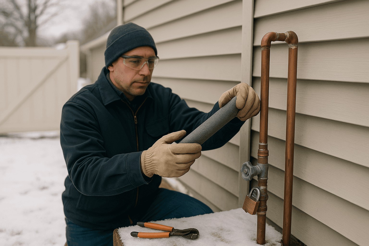 Homeowner insulating outdoor plumbing pipes to prevent freezing during winter
