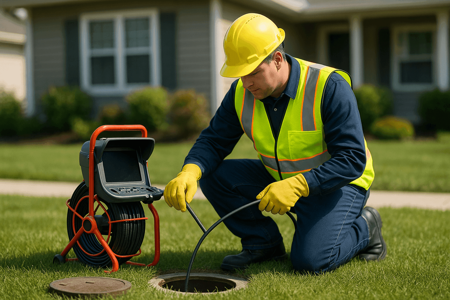 Technician using camera for sewer line inspection outside home