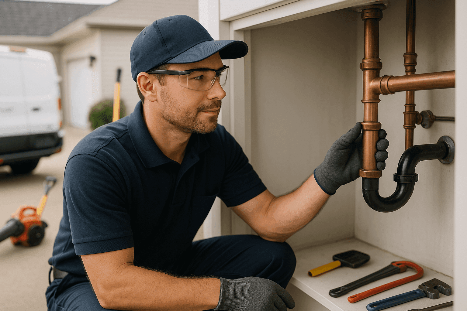 Plomero profesional realizando inspección de mantenimiento estacional en tuberías residenciales