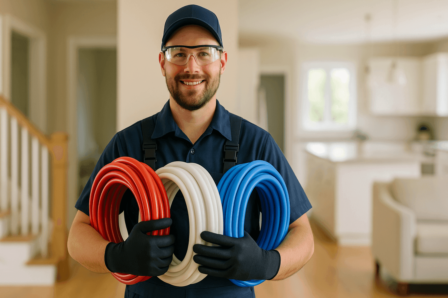 Technician holding new PEX pipes for home repiping project