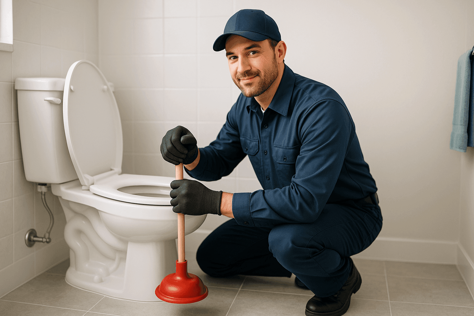 Plumber using plunger on residential toilet in bathroom